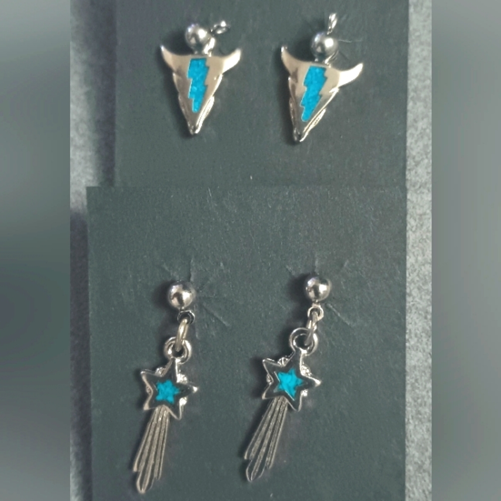 Earrings Southern Western Theme (2) Pairs Silver & Blue